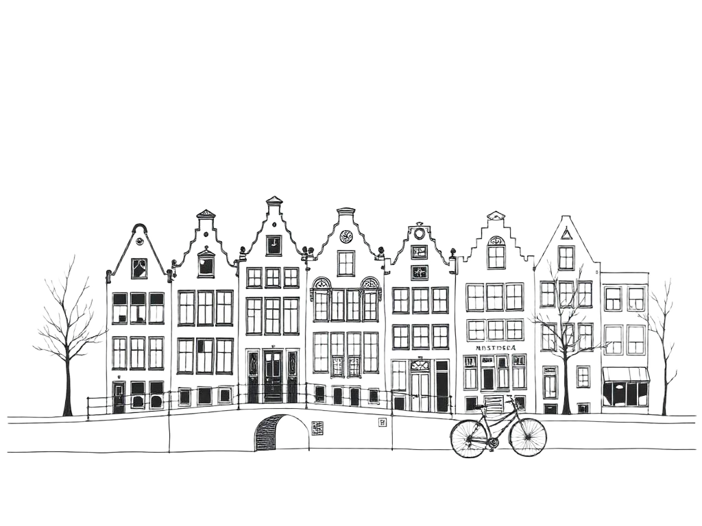 Amsterdam, Rotterdam, Leiden skyline line drawing